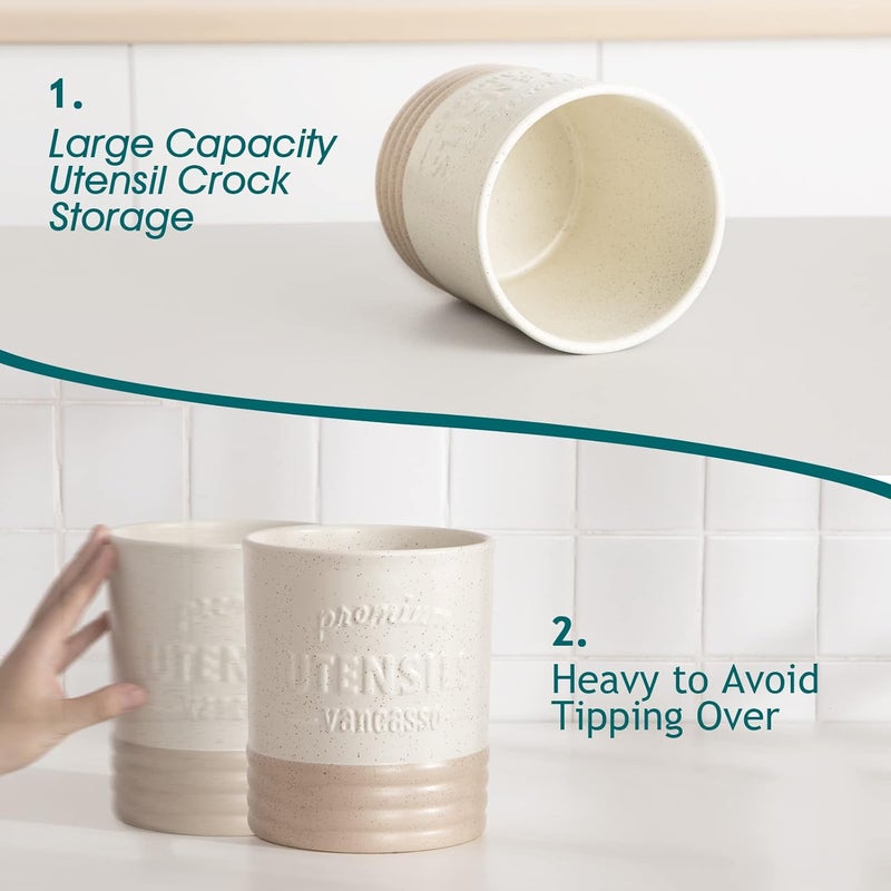 vancasso Sabine Utensil Holder, 7.2" Large Utensil Crock for Kitchen Counter, Ceramic Utensil Crock Storage, Matte Cream-Colored Farmhouse Utensil Organizer, Utensil Storage for Home Décor, Gifts - Image 3